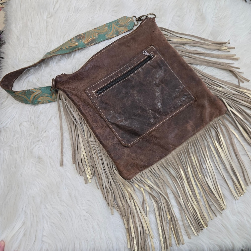 Dancing Cactus Designs Cowhide Fringe Crossbody Bag Turquoise Leather Western